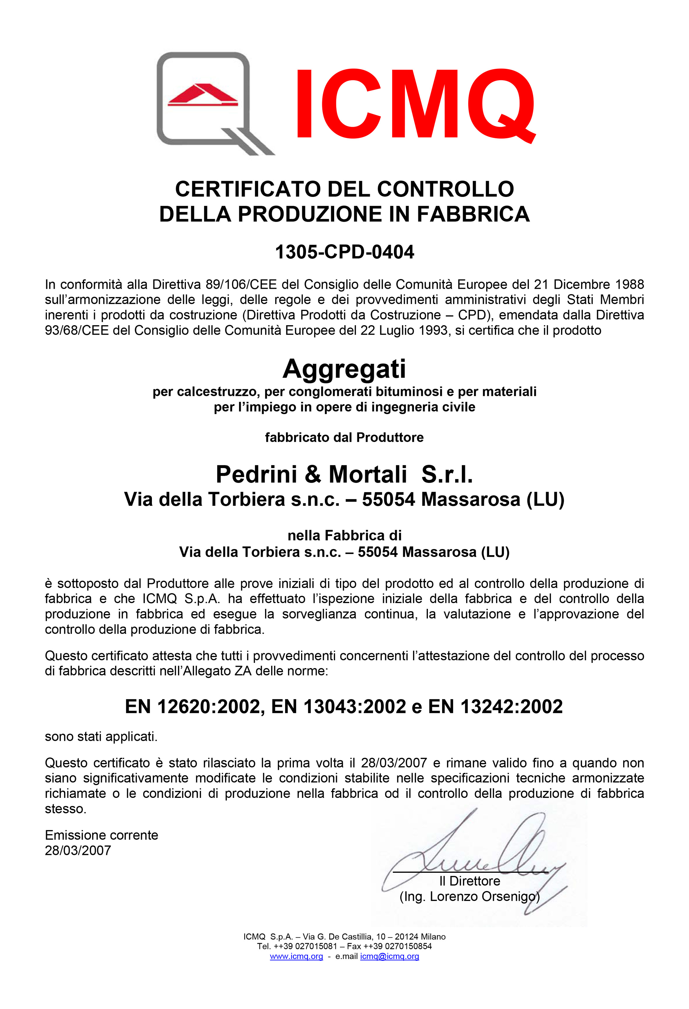 Certificato del Controllo della Produzione in Fabbrica